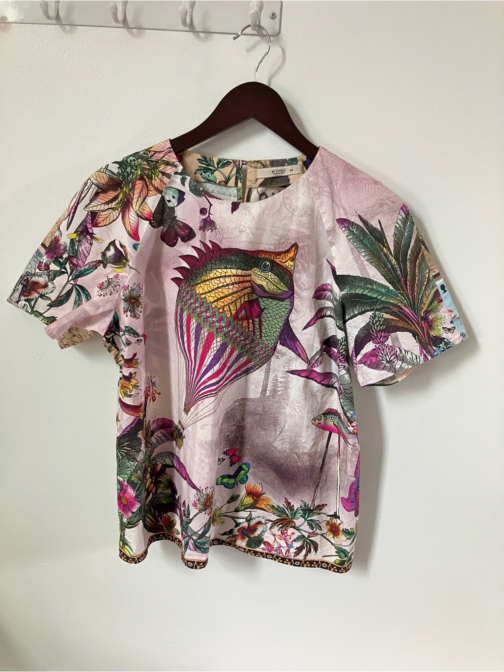 ETRO Milano Whimsical Hot Air Balloon Tropical Graphic Cotton Shirt Top US8